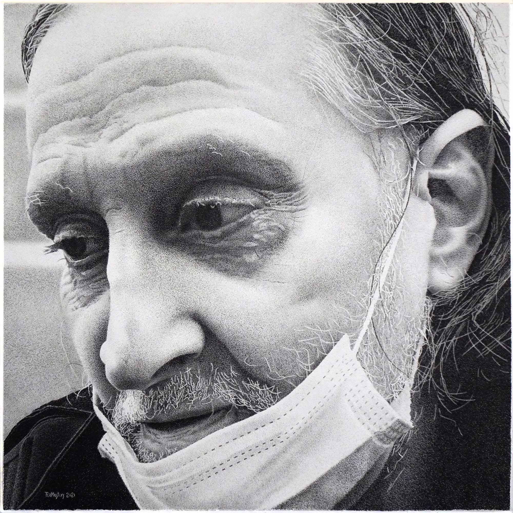 Work by Richard Masters: black-and-white drawing of an older man with gray stubble and a face mask pulled below his chin, looking downward.