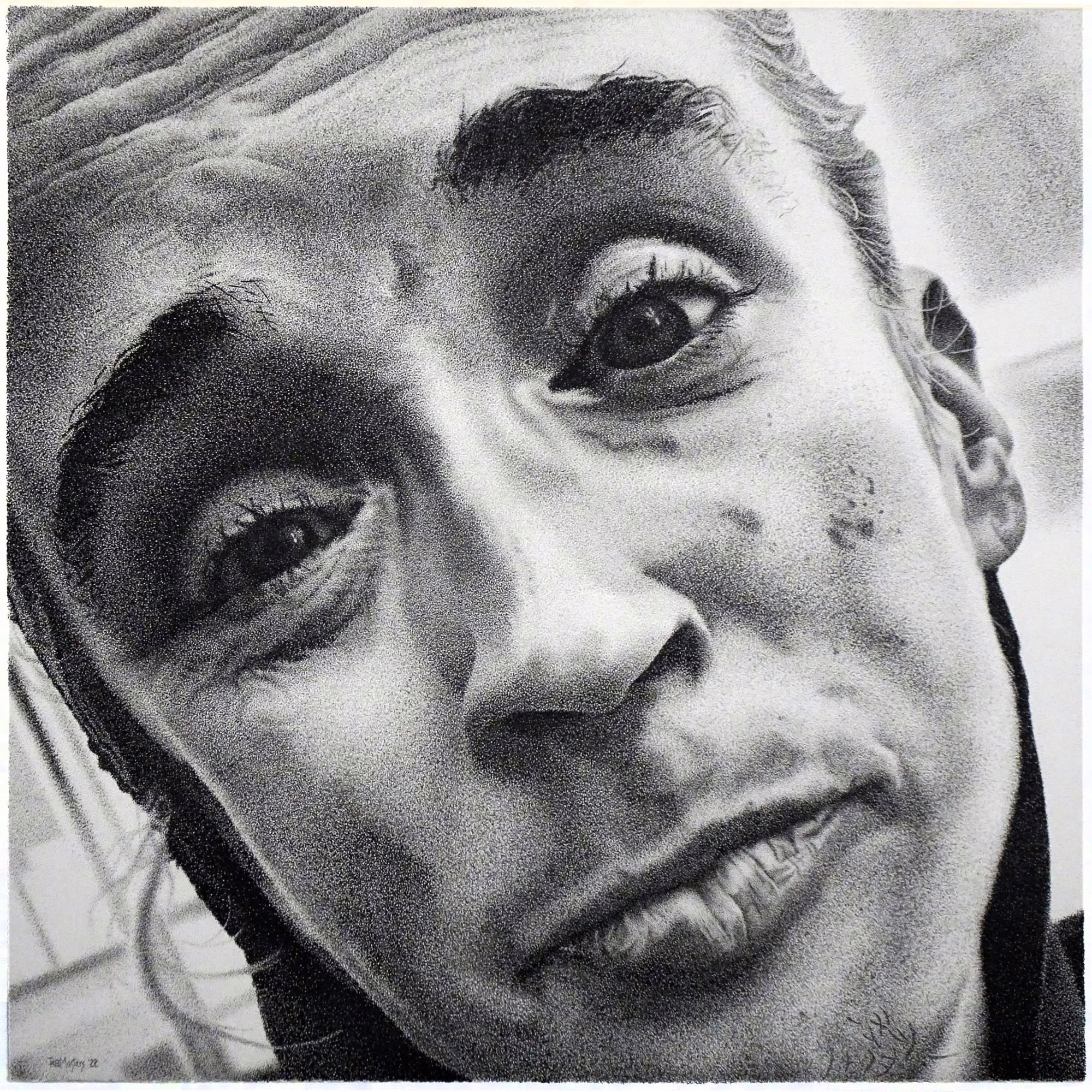Work by Richard Masters: black-and-white drawing, close up, of a young person's face tilted toward the viewer with a wry expression.