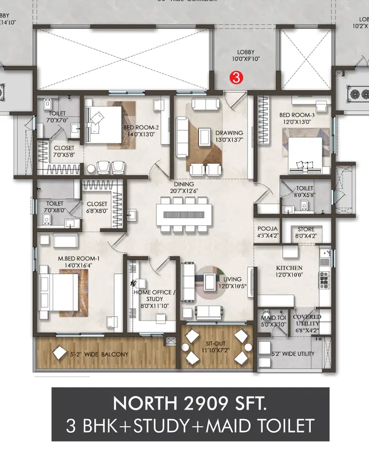 Floor Plan Suraj Bhan Fortune Grande SSI Fortune Grande Floor Plan - 3BHK (2909 sqft) North Facing