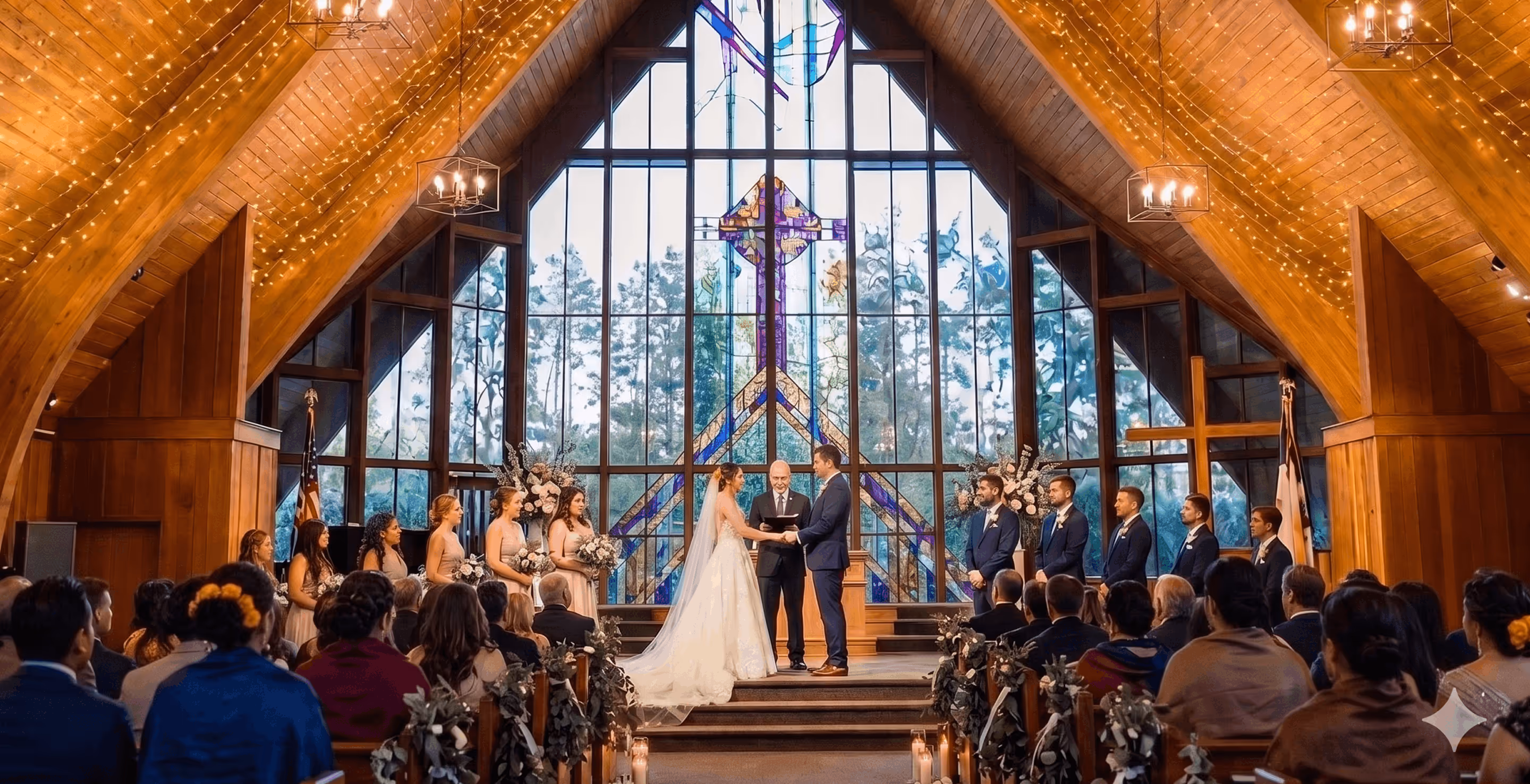 Bride and groom holding hands at the altar inside a wooden chapel with a large stained glass window, surrounded by bridesmaids and groomsmen.