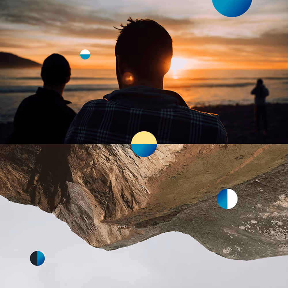 Two people watching a sunset over the ocean with a rocky beach below, featuring colorful circular graphic overlays.