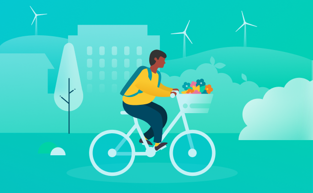 Illustration of a person biking in the city