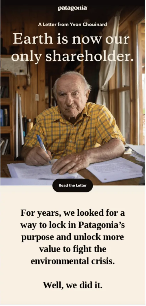 Patagonia email from the founder Yvon Chouinard