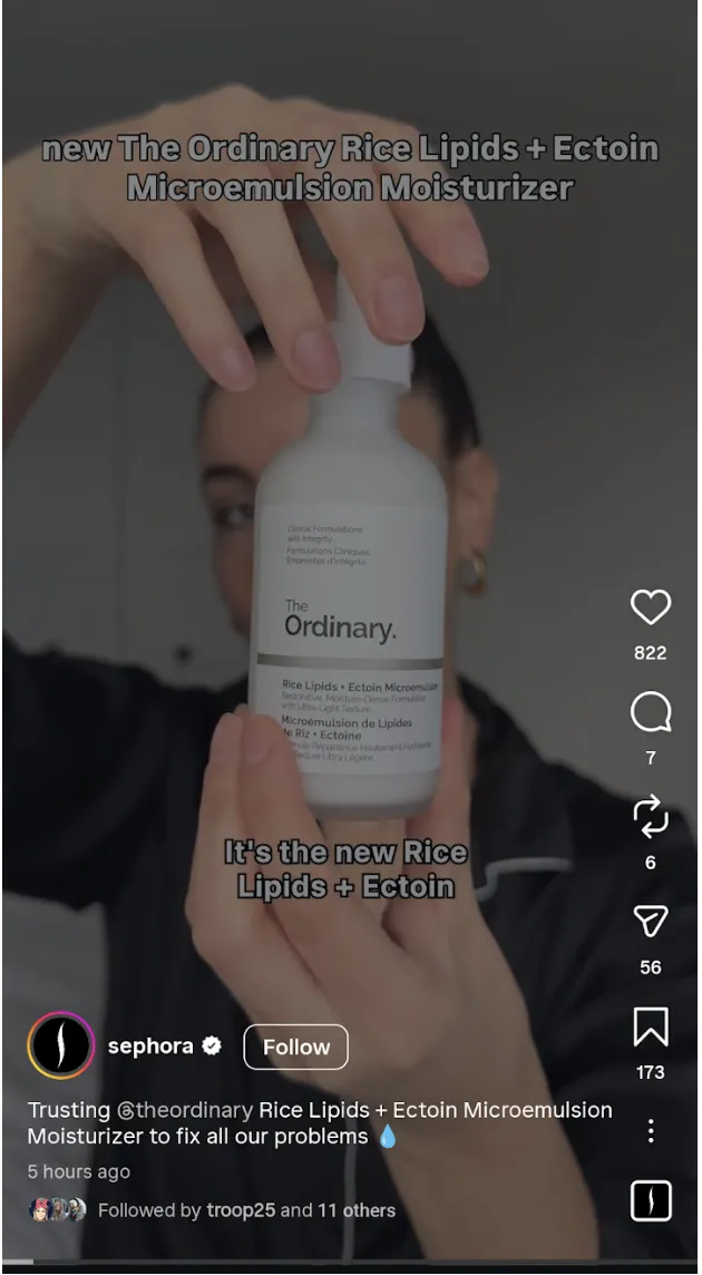 Sephora post promoting their new ordinary rice lipids moisturizer.