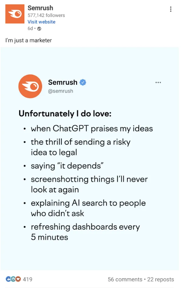 Semrush LinkedIn post about things marketers unfortunately love.