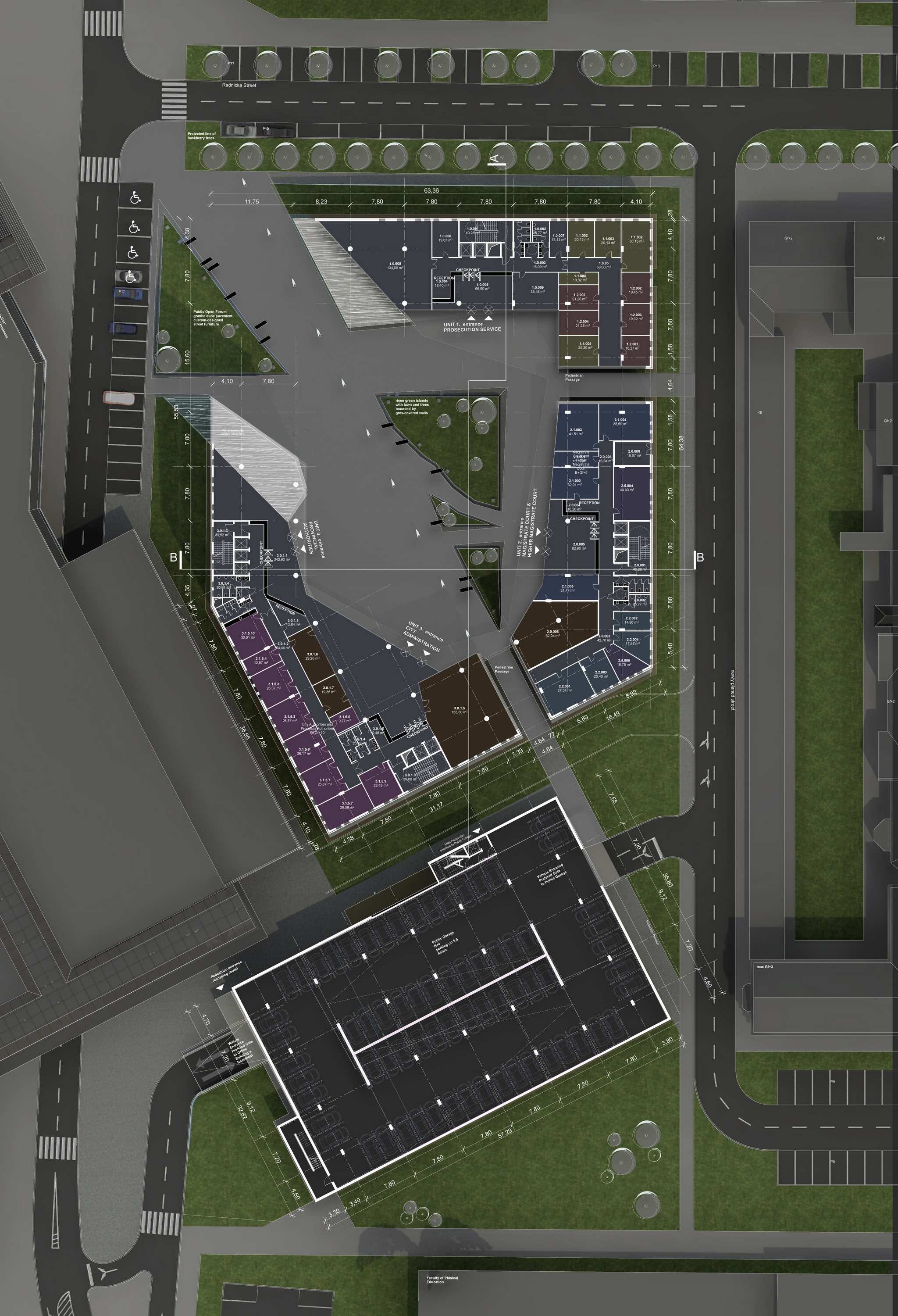 New City Centre, Radnička Street – Novi Sad, Serbia International Architectural Competition, 2nd Prize (2009) Sandor's team (Schon + ArkTTON Architects) won 2nd prize in the 2009 international competition for a new administrative and judicial city centre along Radnička Street in Novi Sad. The proposal redefined a key urban corridor by introducing a dynamic composition of civic buildings—City and Provincial Authorities, Magistrate and Higher Magistrate Courts, Prosecution Service, and a public parking facility—organized around a new public forum. The design established a strong contemporary identity while carefully integrating with the surrounding urban fabric, creating a vibrant civic landmark and a new focal point for public life.