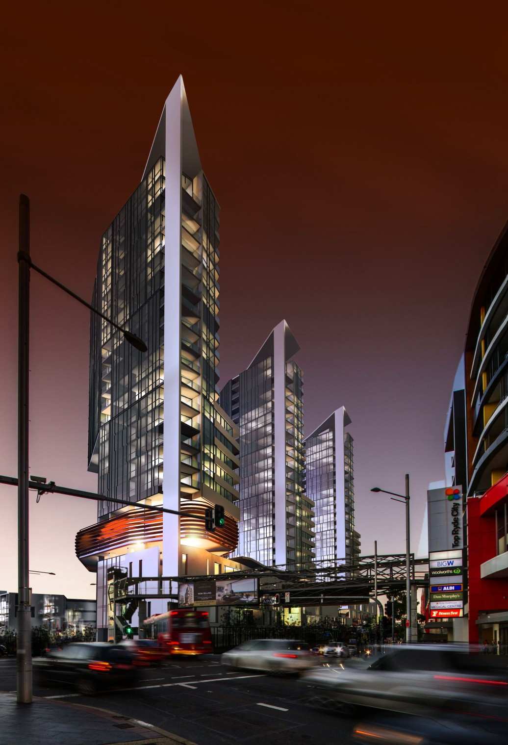 MSK's Sandor Duzs’ proposal for the Design Our Ryde competition envisions a vibrant mixed-use civic precinct centred around a new public plaza. The development combines community facilities, council offices, retail spaces, and 410 residential apartments to create a lively urban destination connected to surrounding streets, transport, and the shopping centre. A distinctive “floating pebble” council chamber marks the civic heart of the project, while rotated residential towers maximise views, sunlight, and privacy while helping mitigate surrounding traffic noise. Sustainable façade systems incorporating photovoltaic glazing support improved environmental performance.