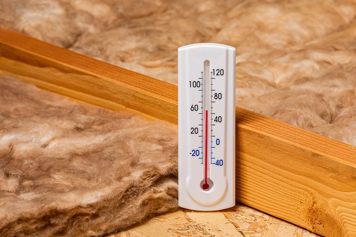 White thermometer showing 40°F on a scale from -40°F to 120°F, placed on brown insulation material with wooden beams, highlighting home insulation effectiveness.