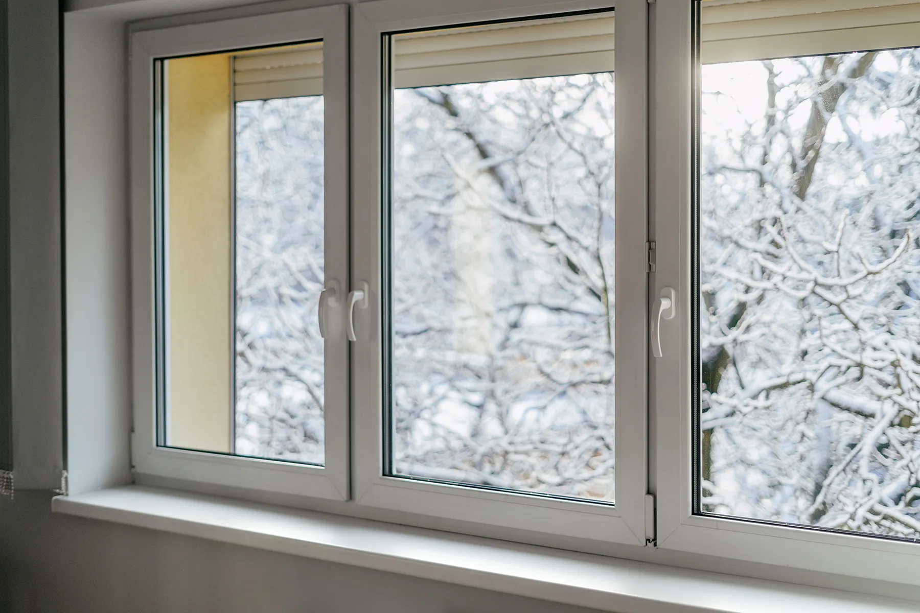 Triple-pane white vinyl casement windows overlooking snow-covered trees in winter.