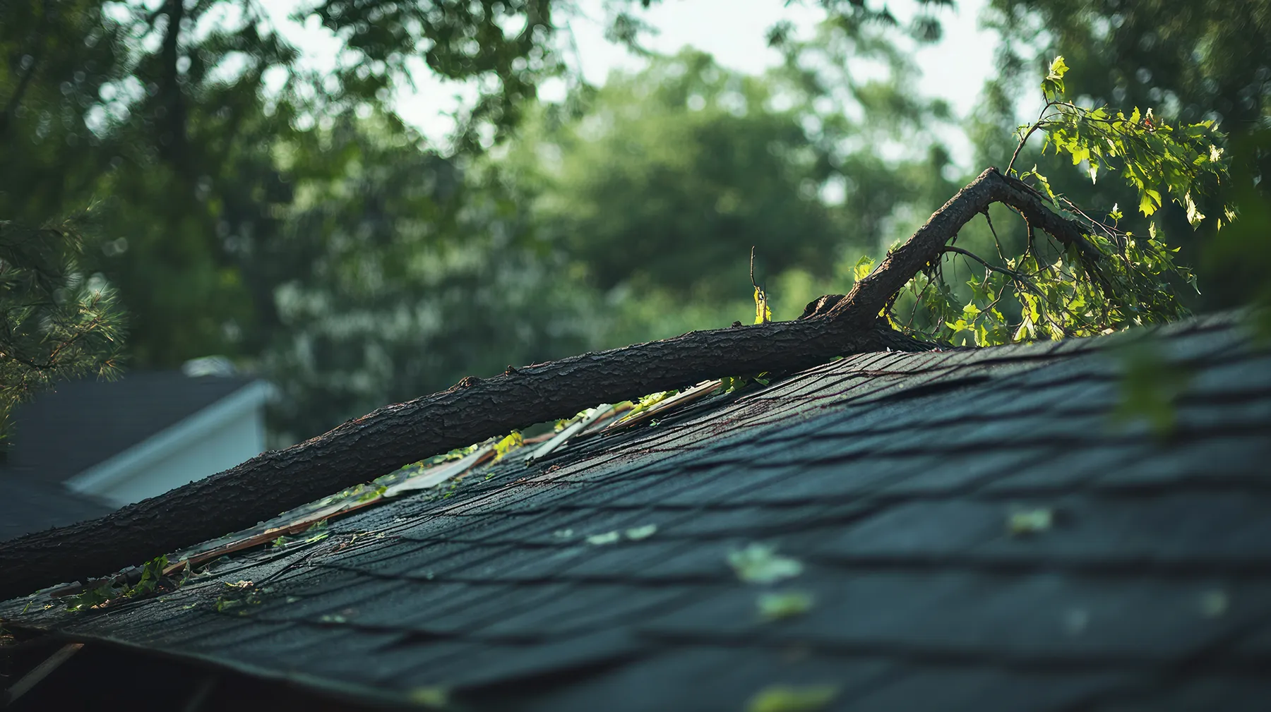 Fallen tree branch resting on damaged asphalt shingle roof after storm.