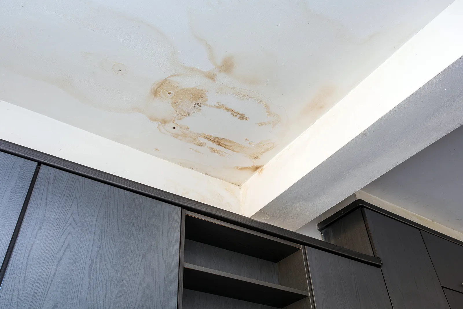 Water stain and discoloration on interior ceiling above kitchen cabinets, indicating roof leak damage.