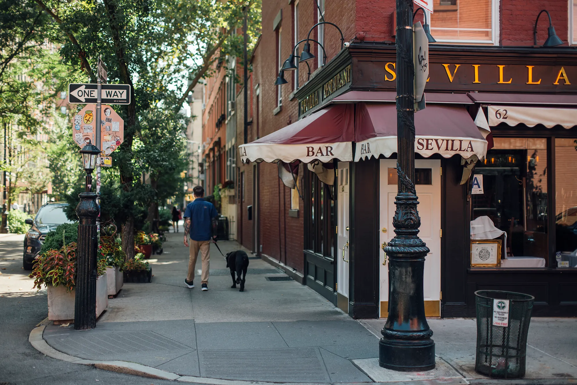 A man walks his dog along a sidewalk, enjoying a sunny day in a suburban neighborhood.