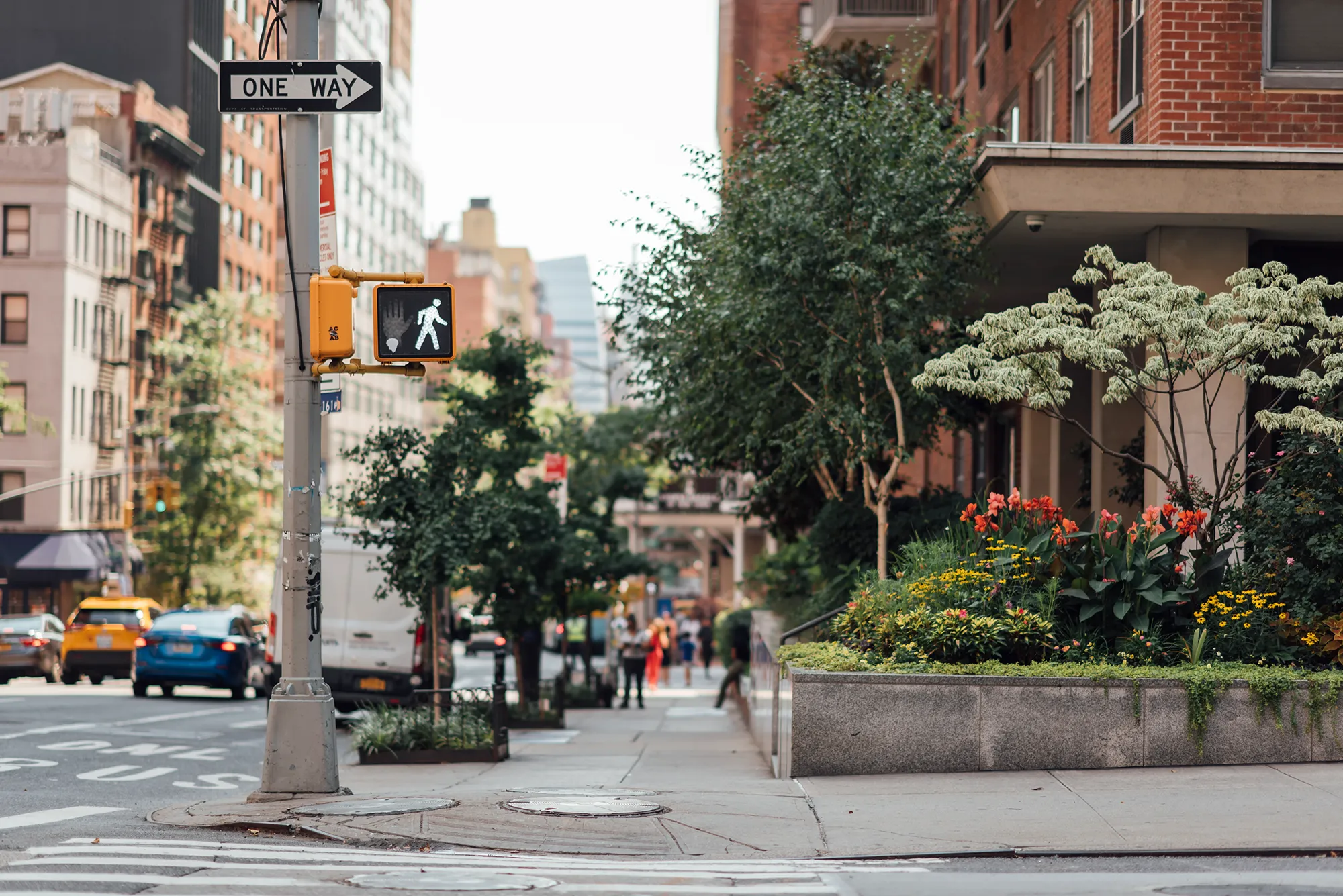 A street sign stands on a city street, with a building visible in the background.