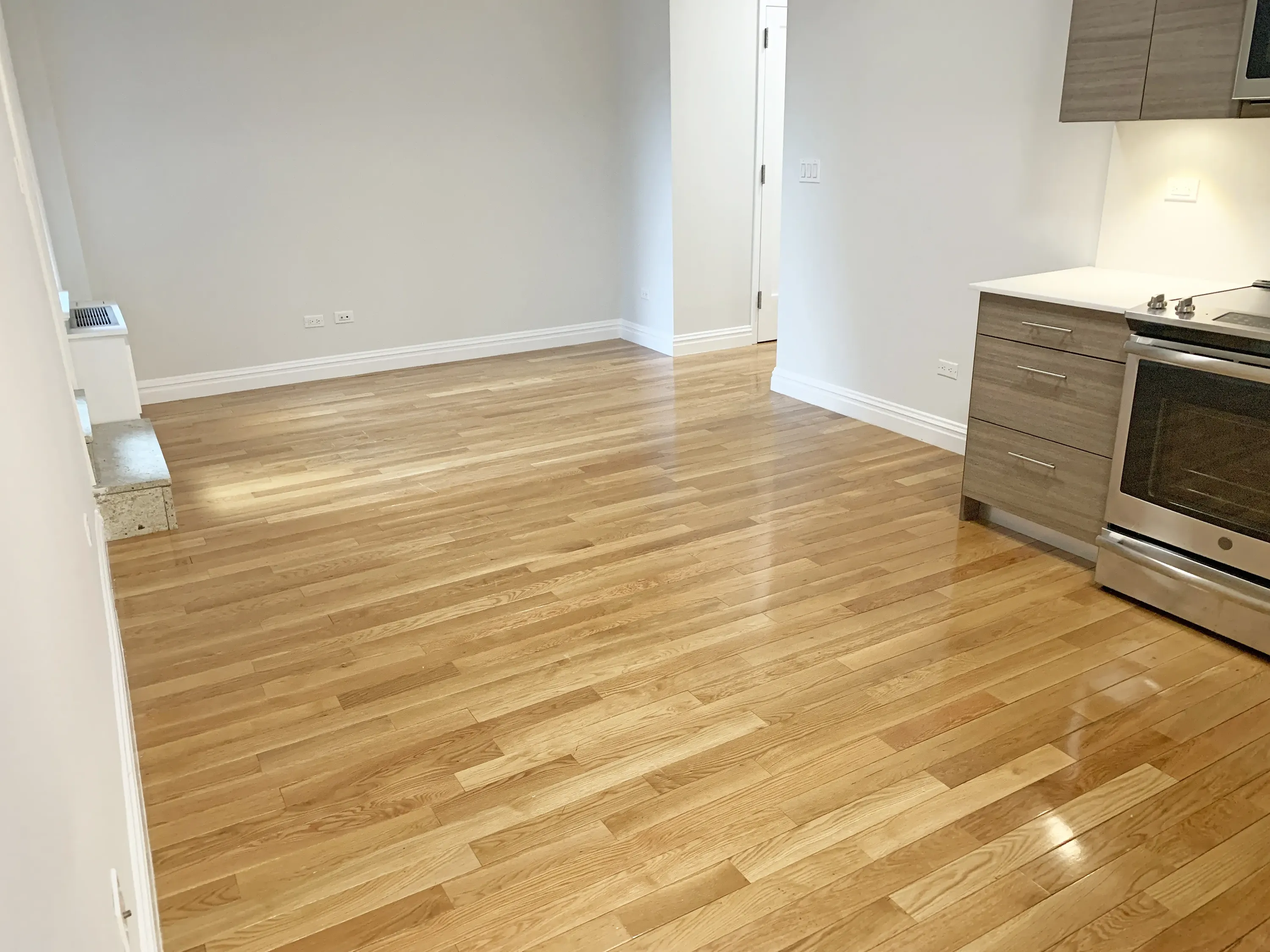 An empty kitchen featuring wood floors and modern stainless steel appliances.