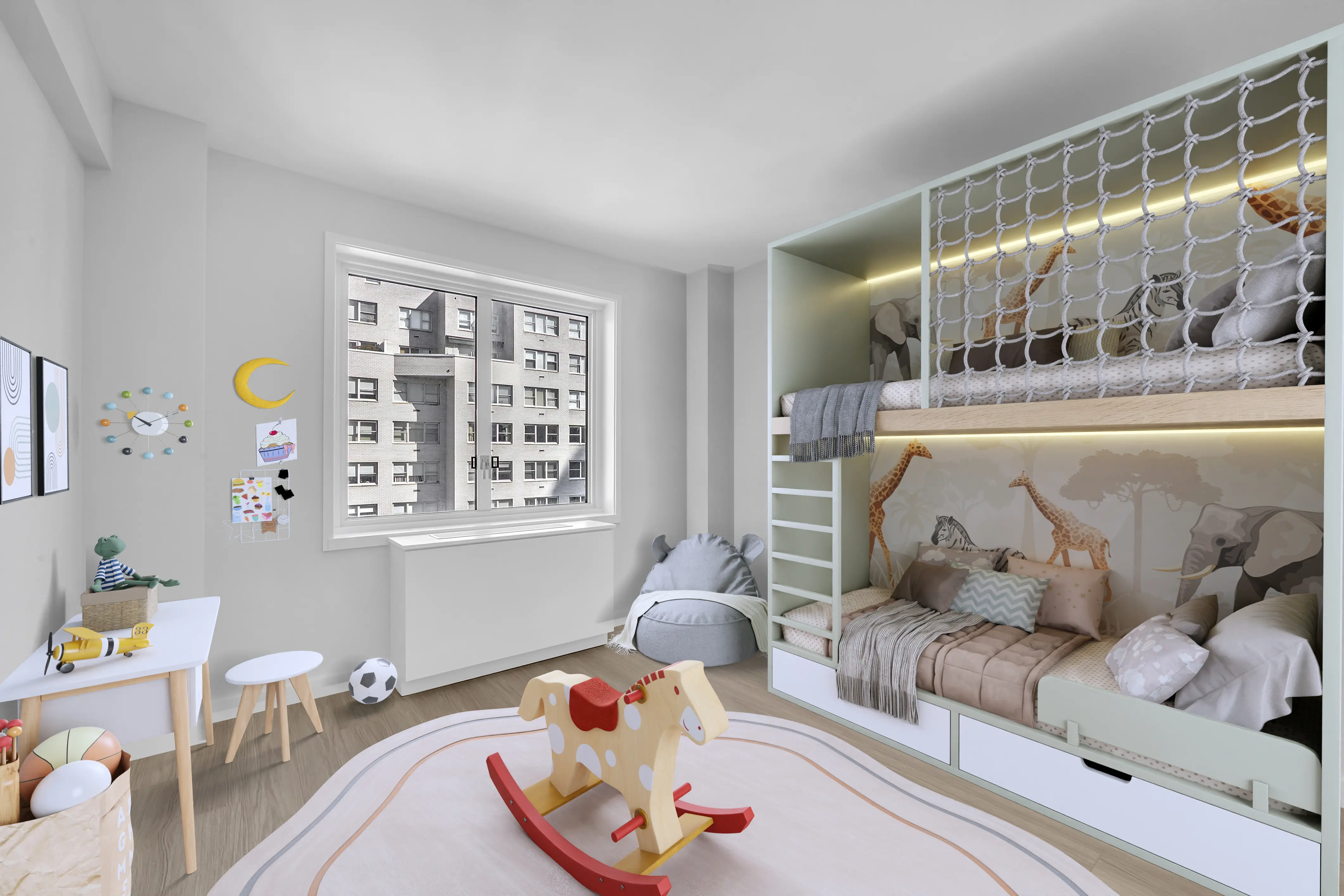 A vibrant children's bedroom with a bunk bed, a rocking horse, and a desk, designed for fun and creativity.