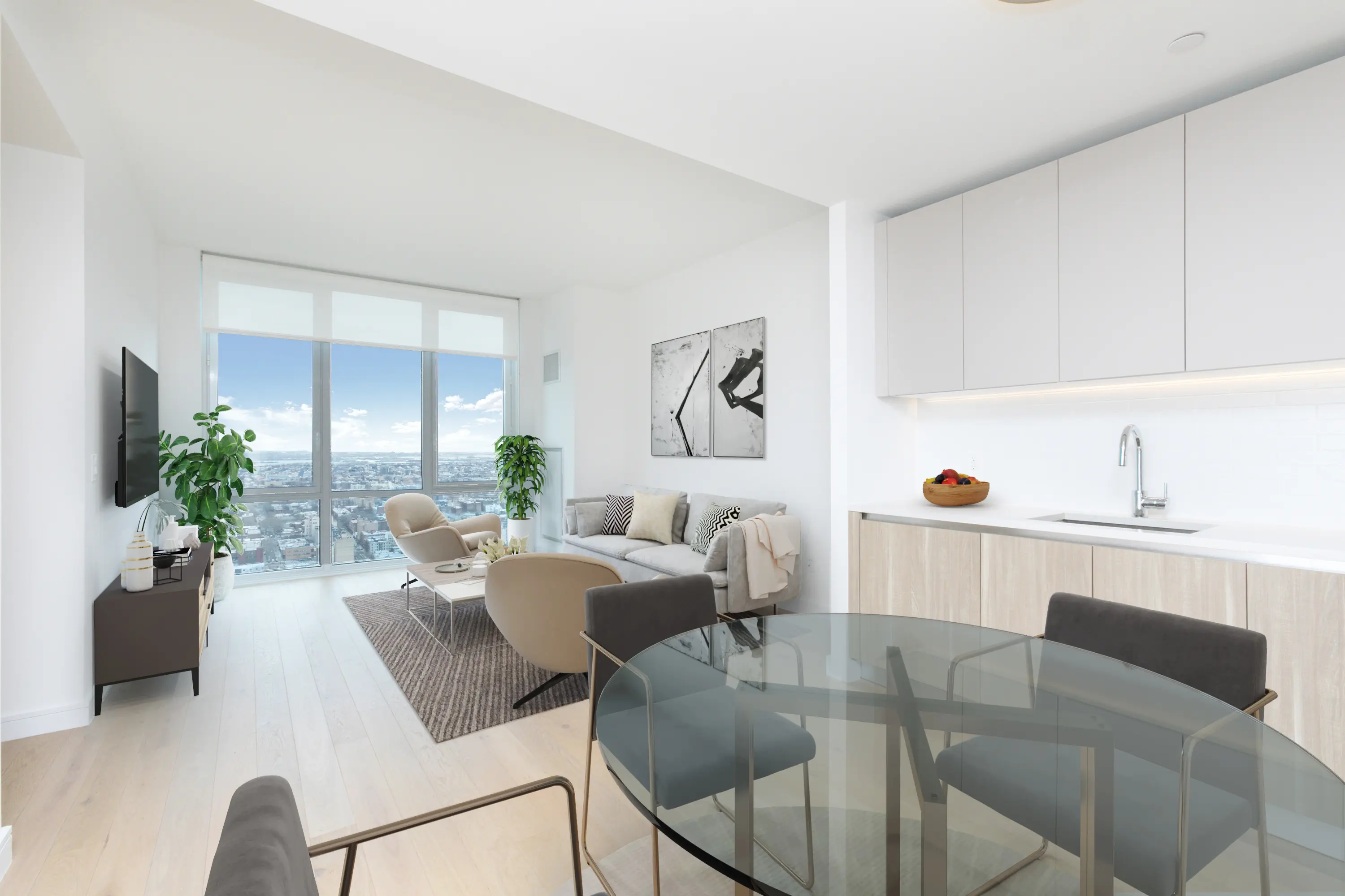 A sleek modern kitchen and dining area in a condo, featuring contemporary appliances and stylish furnishings.