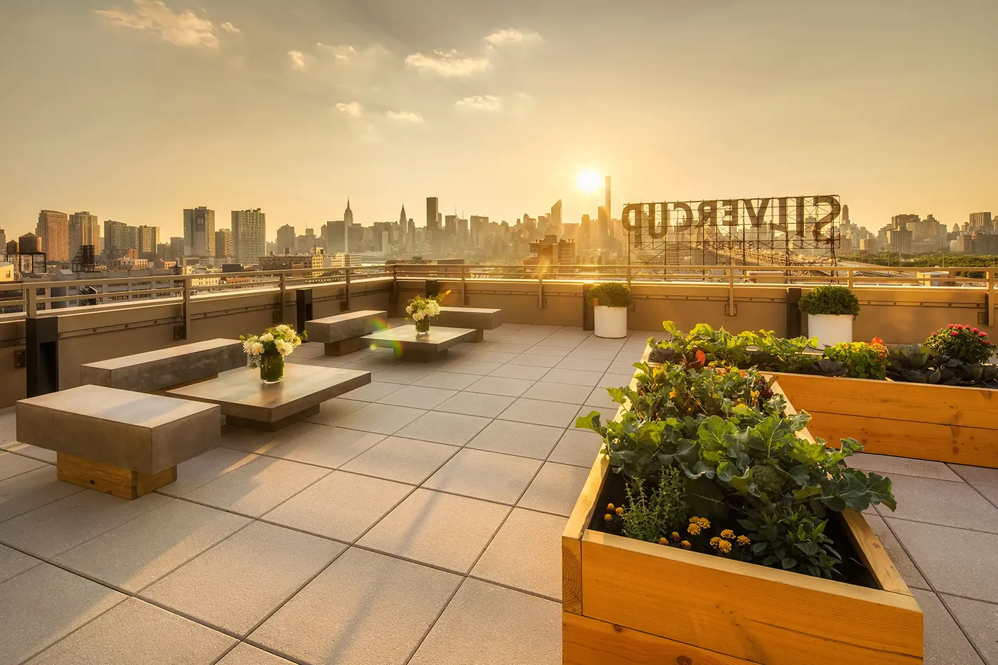 Rooftop terrace at a New York hotel, featuring city skyline views and outdoor seating for guests to enjoy.