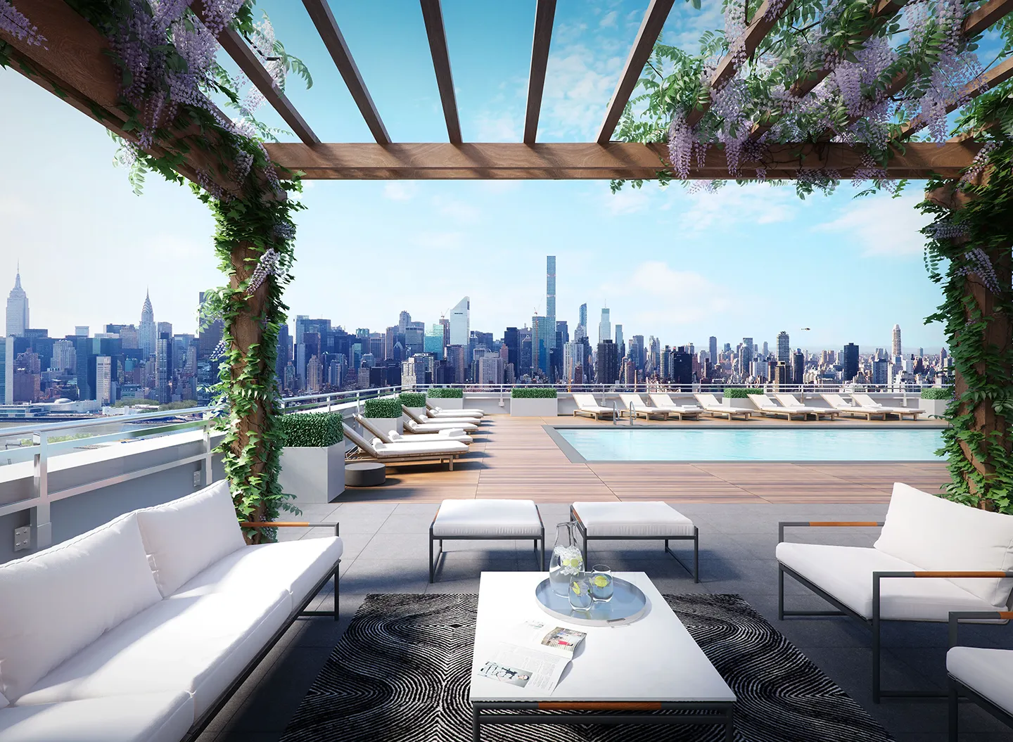 Rooftop terrace featuring a pool with a panoramic view of the city skyline in the background.