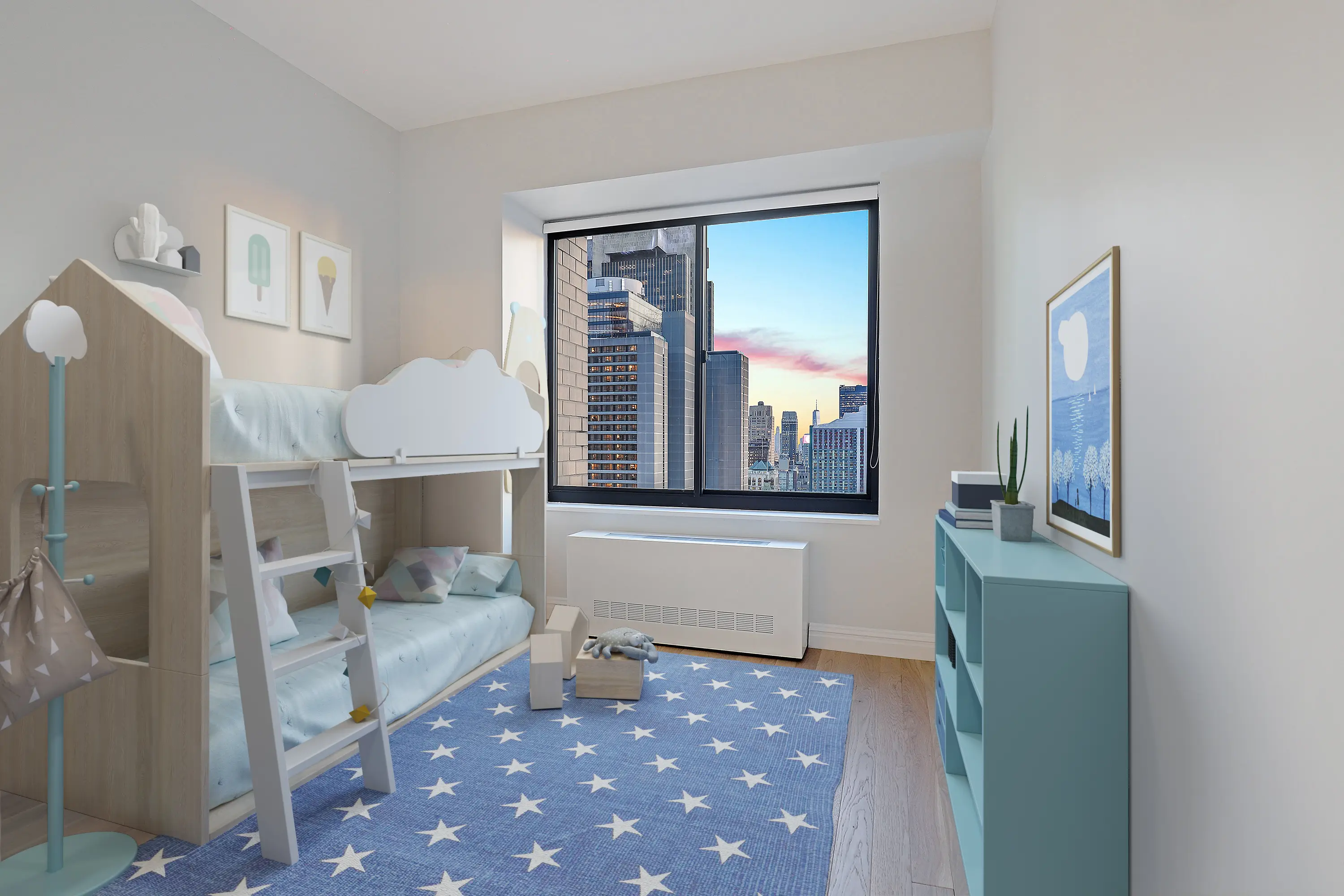 A bright bedroom with a wooden bunk bed and a vibrant blue rug underneath.