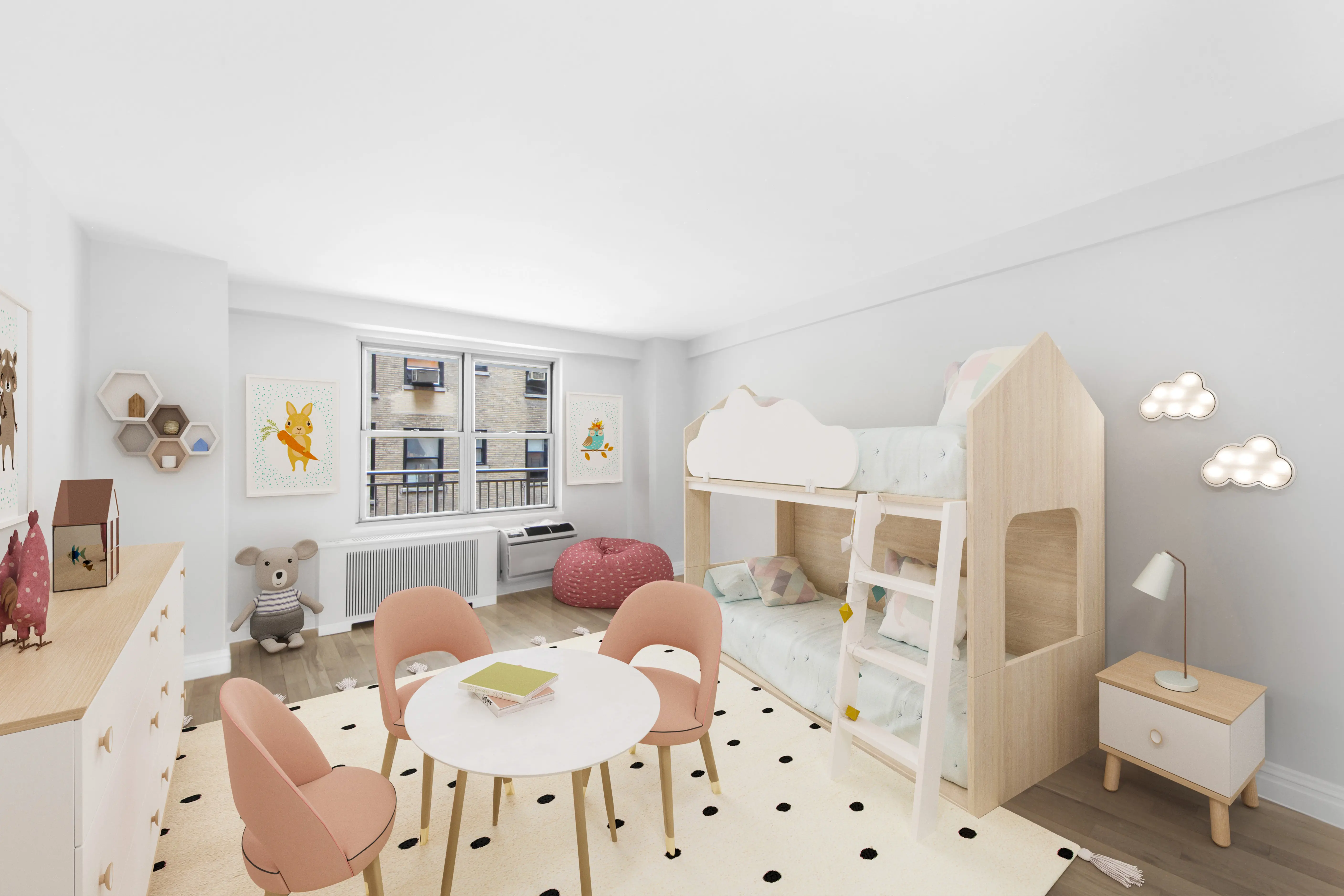 A child's bedroom featuring a bunk bed, a chair, and a table, creating a cozy and playful atmosphere.