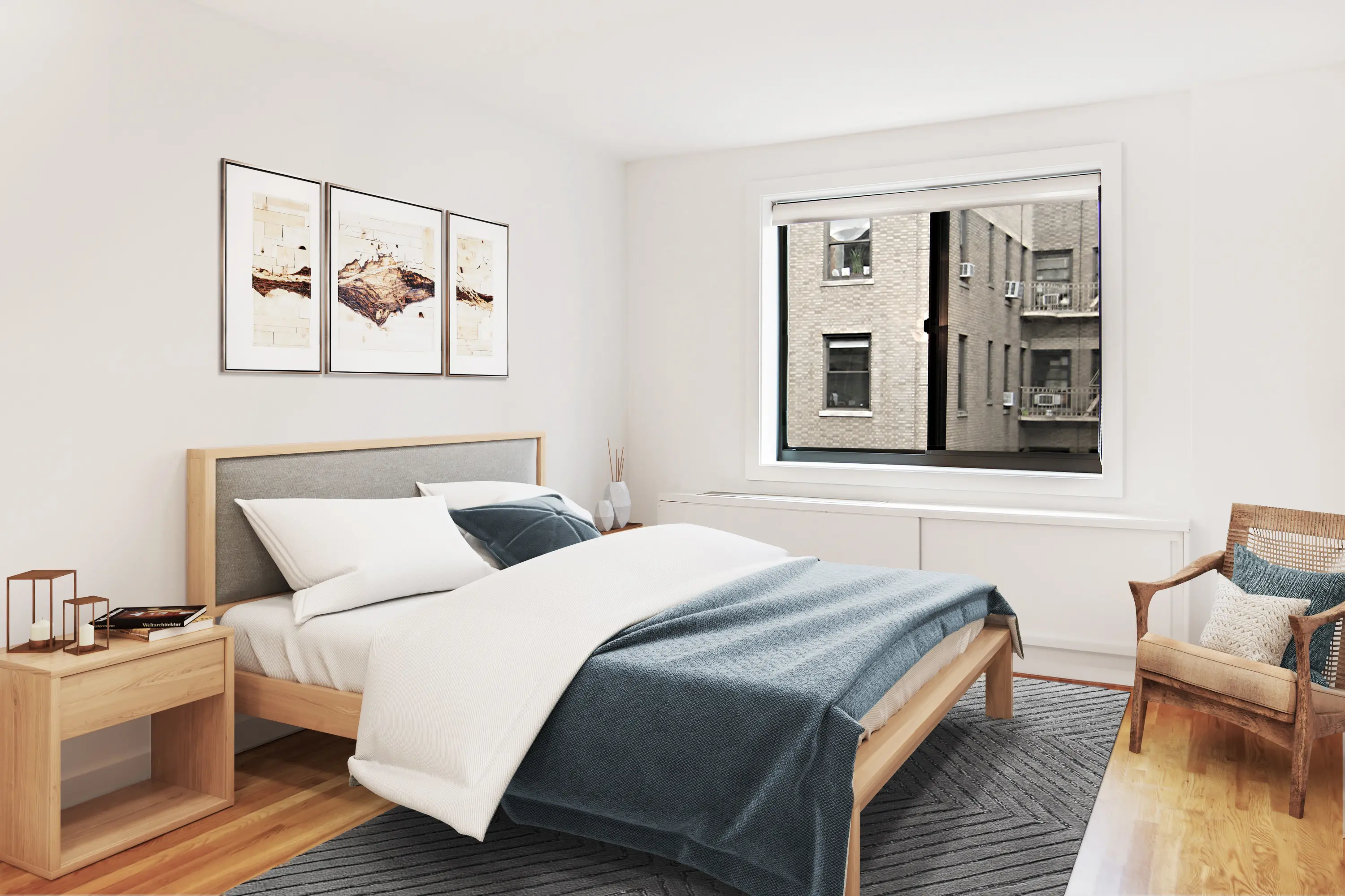 A cozy bedroom featuring a bed, a chair, and a window allowing natural light to enter the space.
