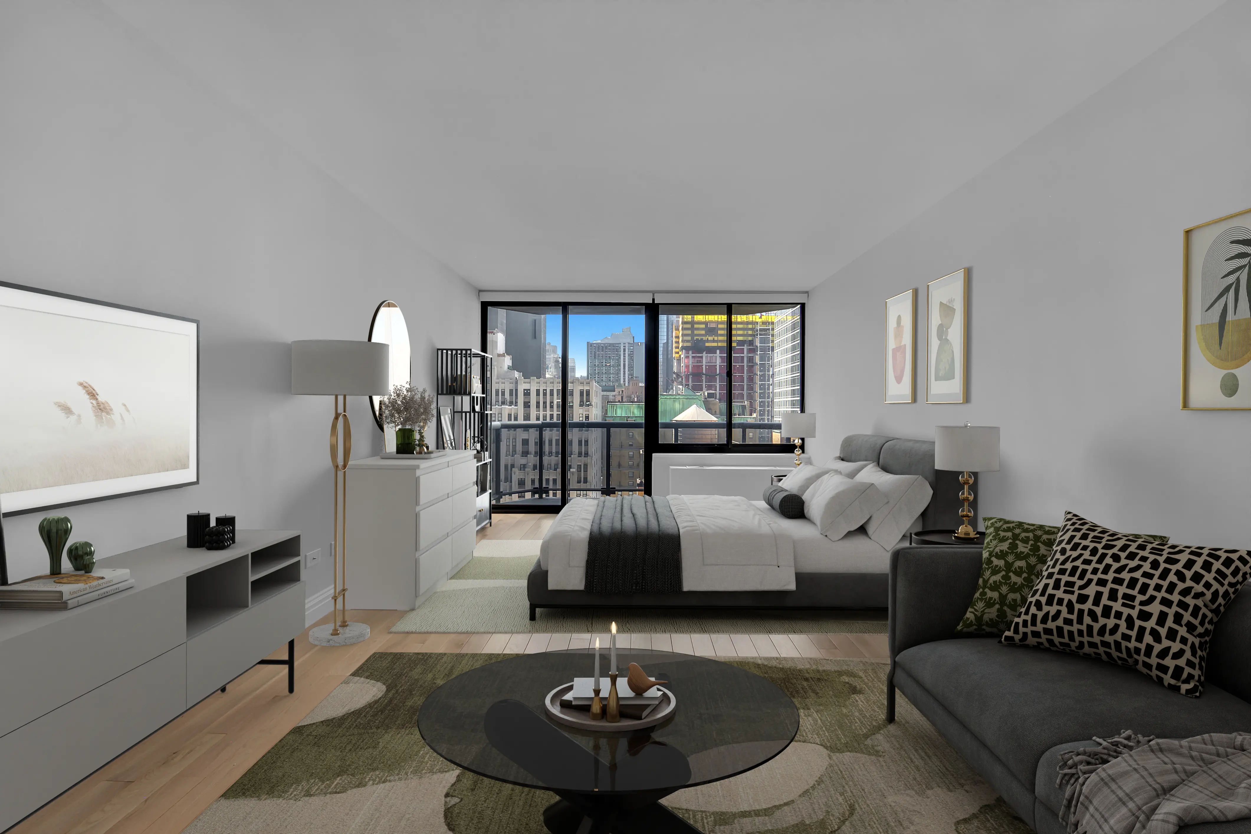 A modern apartment featuring a large window and a stylish couch, creating a bright and inviting living space.