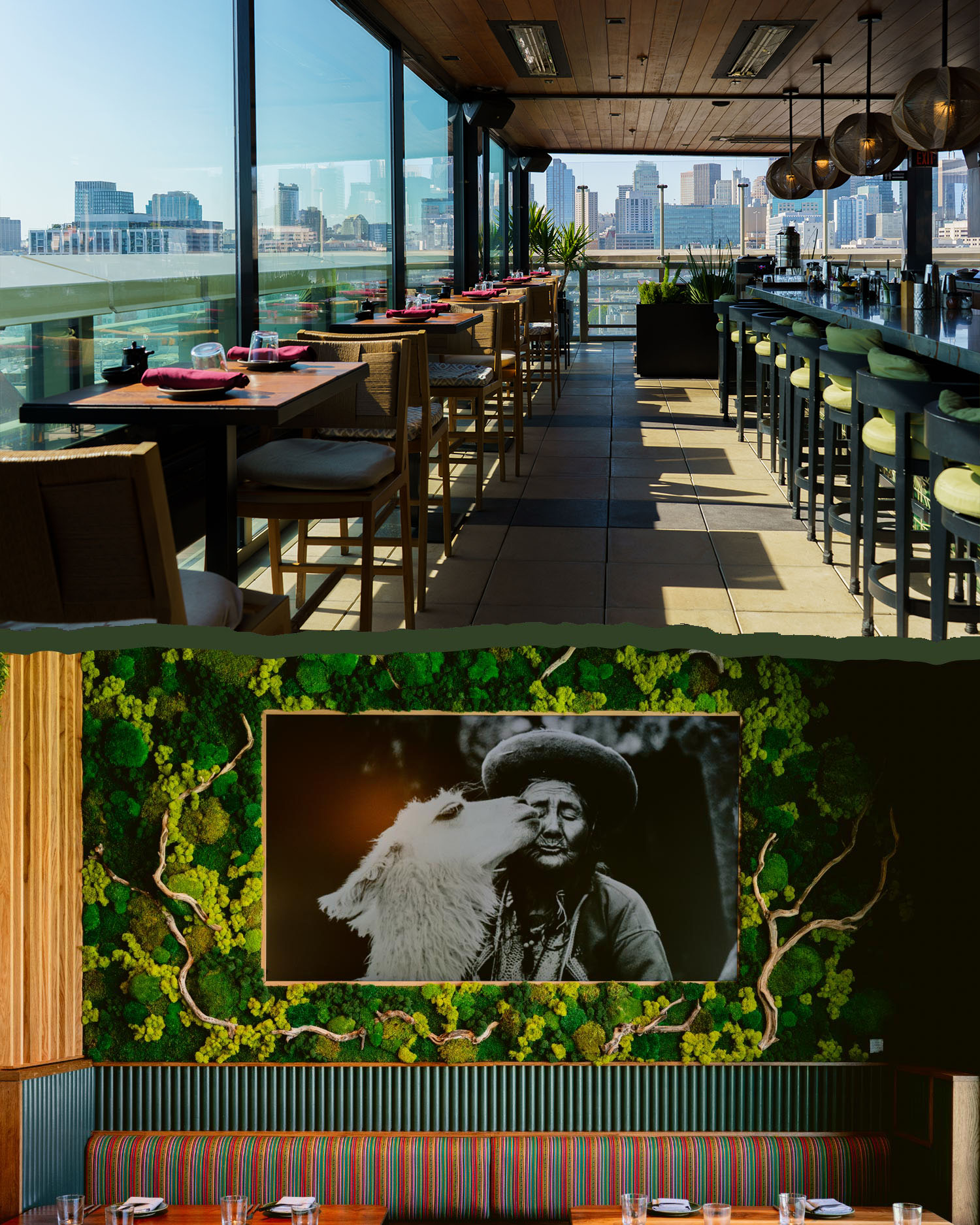 A photo of the rooftop bar seating with the San Francisco skyline in the background.