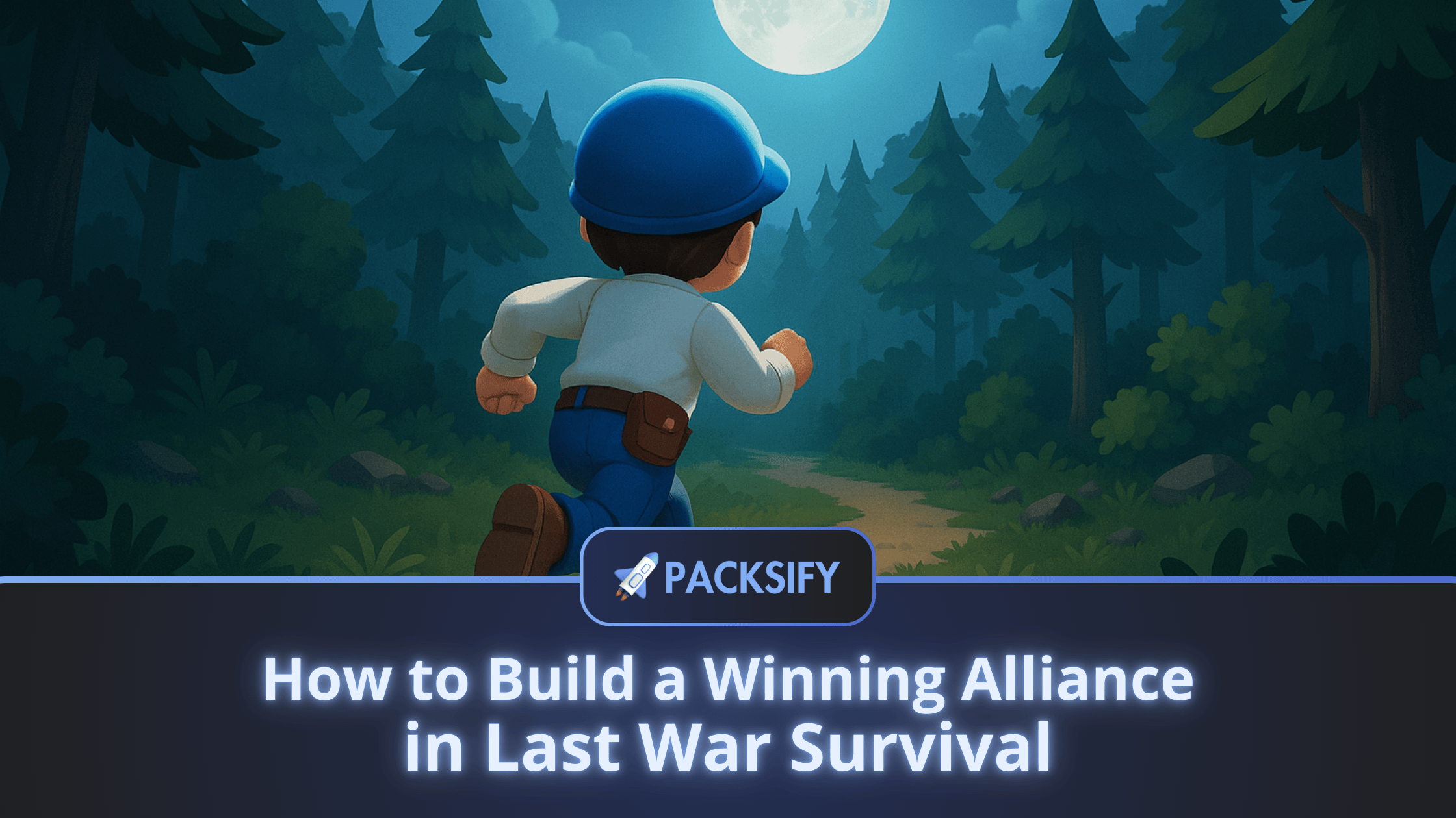 Last War Survival alliance guide banner showing a character running through a forest path under the moonlight with Packsify logo
