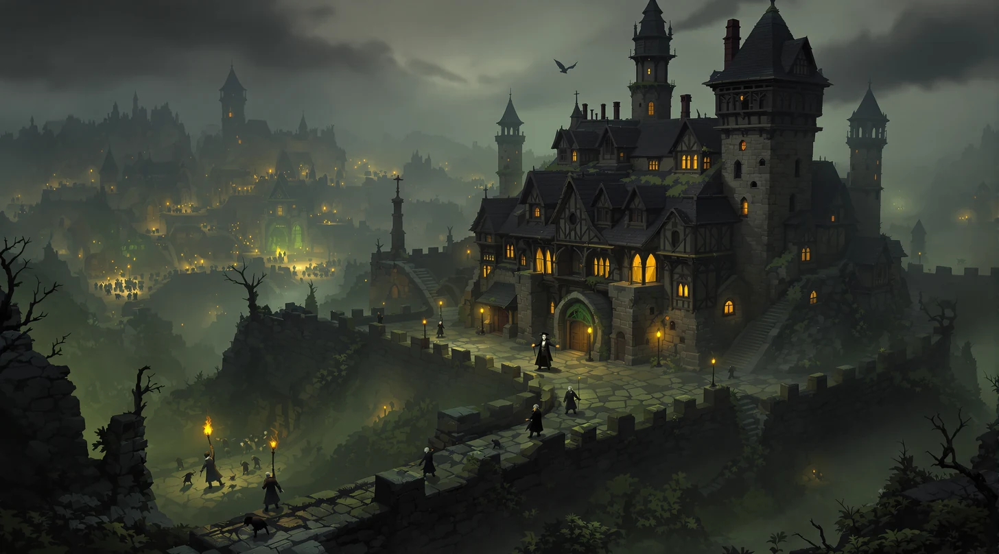 Last Asylum style walled medieval sanctuary on a hill at dusk above a foggy plague city