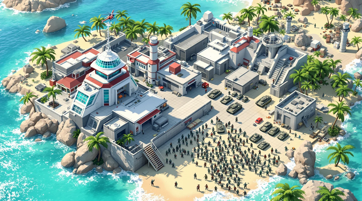 Last War style fortified tropical island military base with tanks as zombies gather on the beach