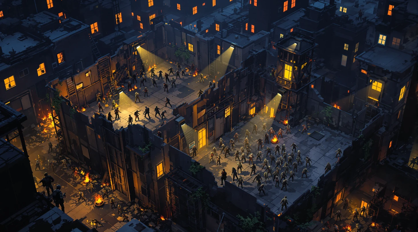 Dark War style fortified survivor compound at night with spotlights as zombies flood the yard