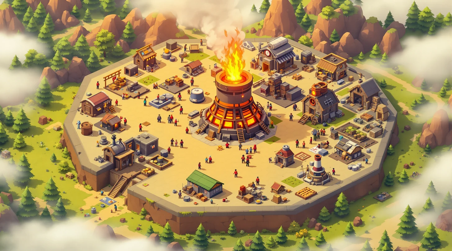 Tiles Survive style survivor settlement on hex tiles around a giant fire furnace