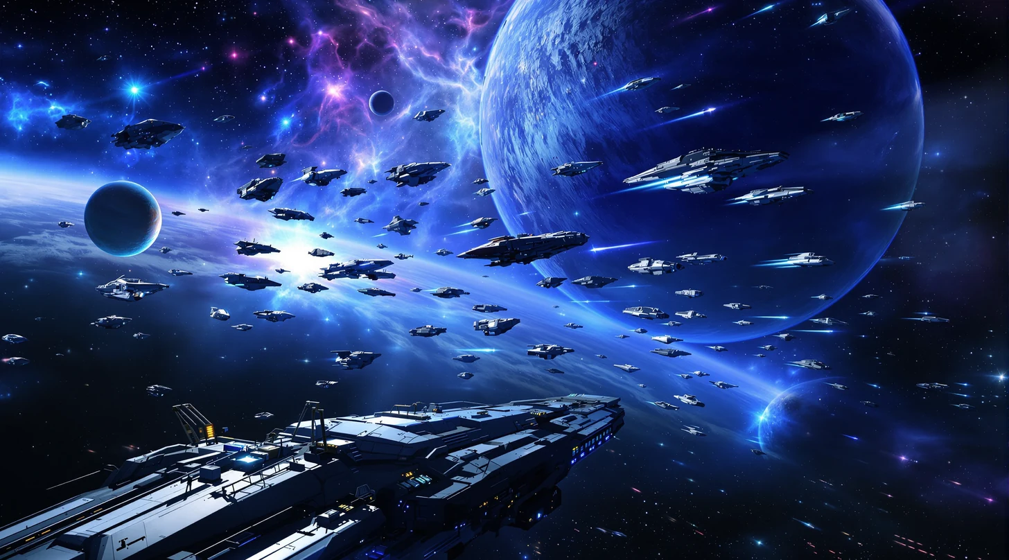 Foundation style huge starship fleet crossing a blue nebula past giant planets