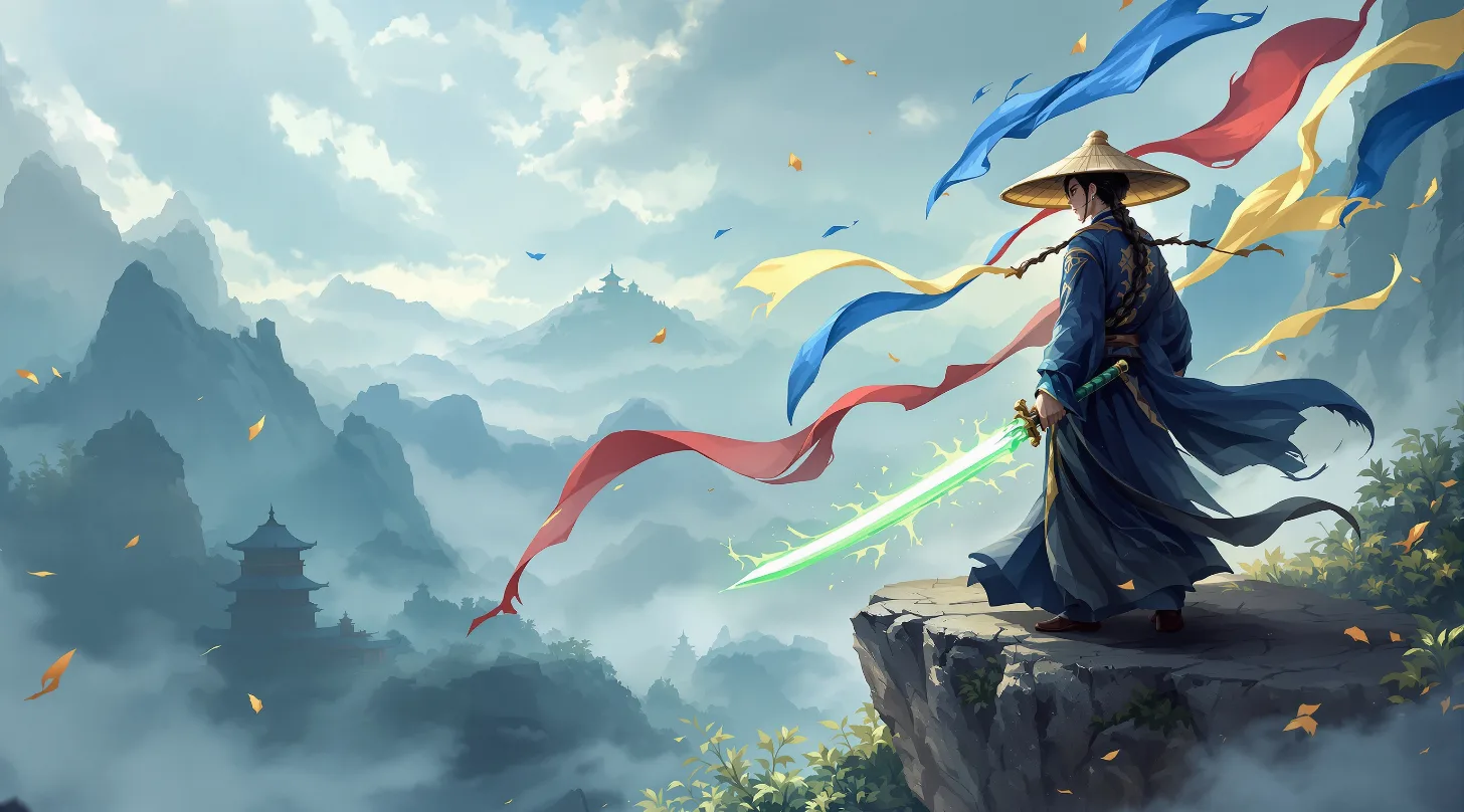Swordsman on a cliff above misty mountains
