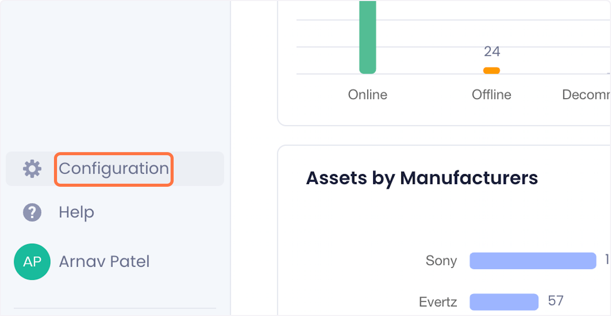 Bottom left corner of the Beam dashboard showing configuration, help and account name. Configuration is highlighted with an orange box