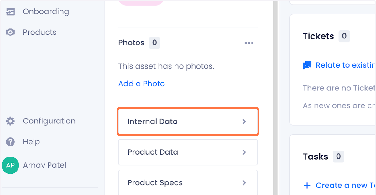 Internal data menu is highlighted in the bottom of the product data pane of the beam product page 