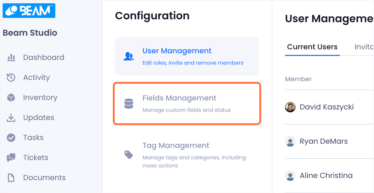 Beam dashboard's configuration menu. Options in menu are User Management, Fields Management and Tag Management. Fields Management is highlighted