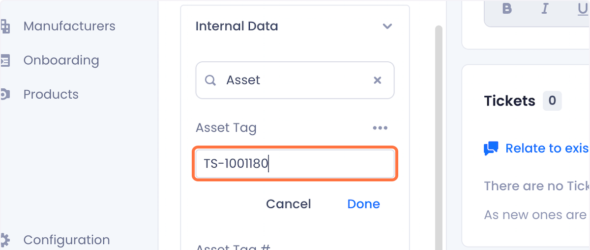 Tag number TS-1001180 is typed into the asset tag field