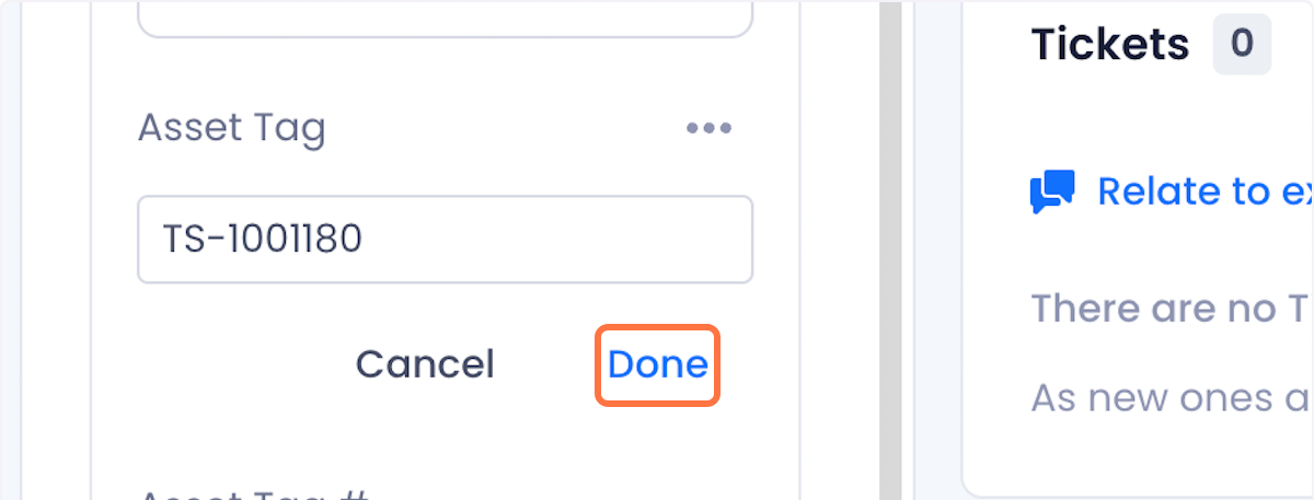 Done button is highlighted under the newly populated asset tag field