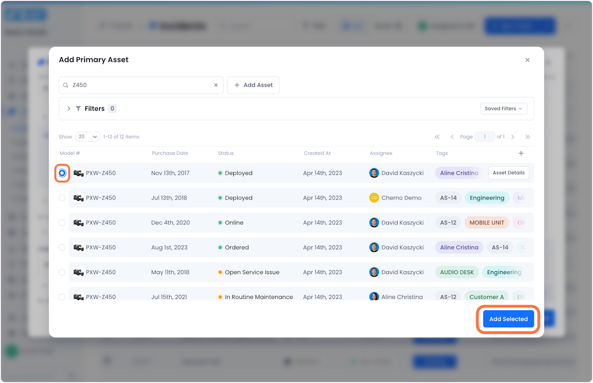 When you find the relevant asset, check the radio button next to it and click Add Selected in the bottom right of the modal to complete the process.