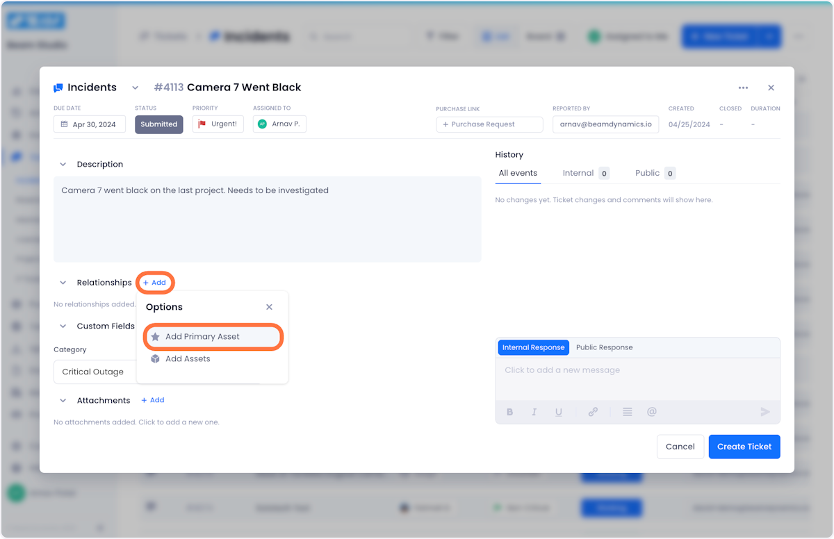 When you are in the Ticket creation modal, click the Add button in the Relationships section. From the dropdown, select Add Primary Asset