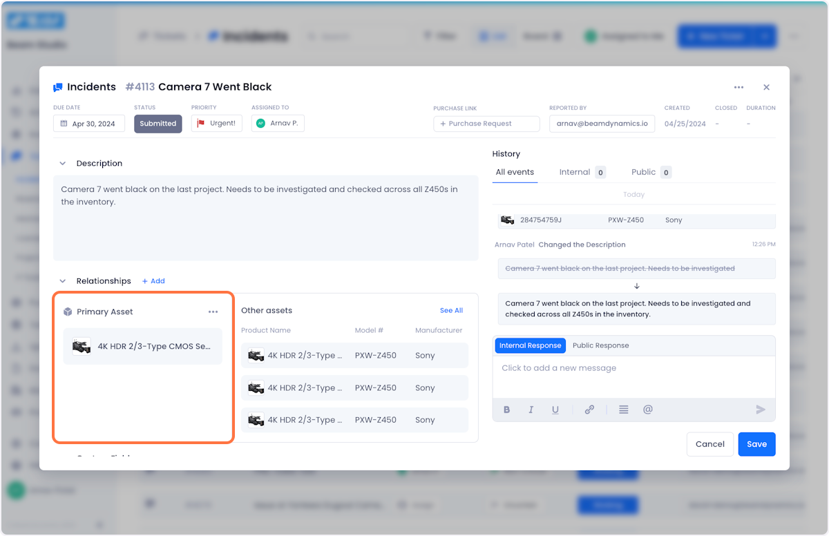 Your asset will now be associated with the ticket as a Primary Asset.