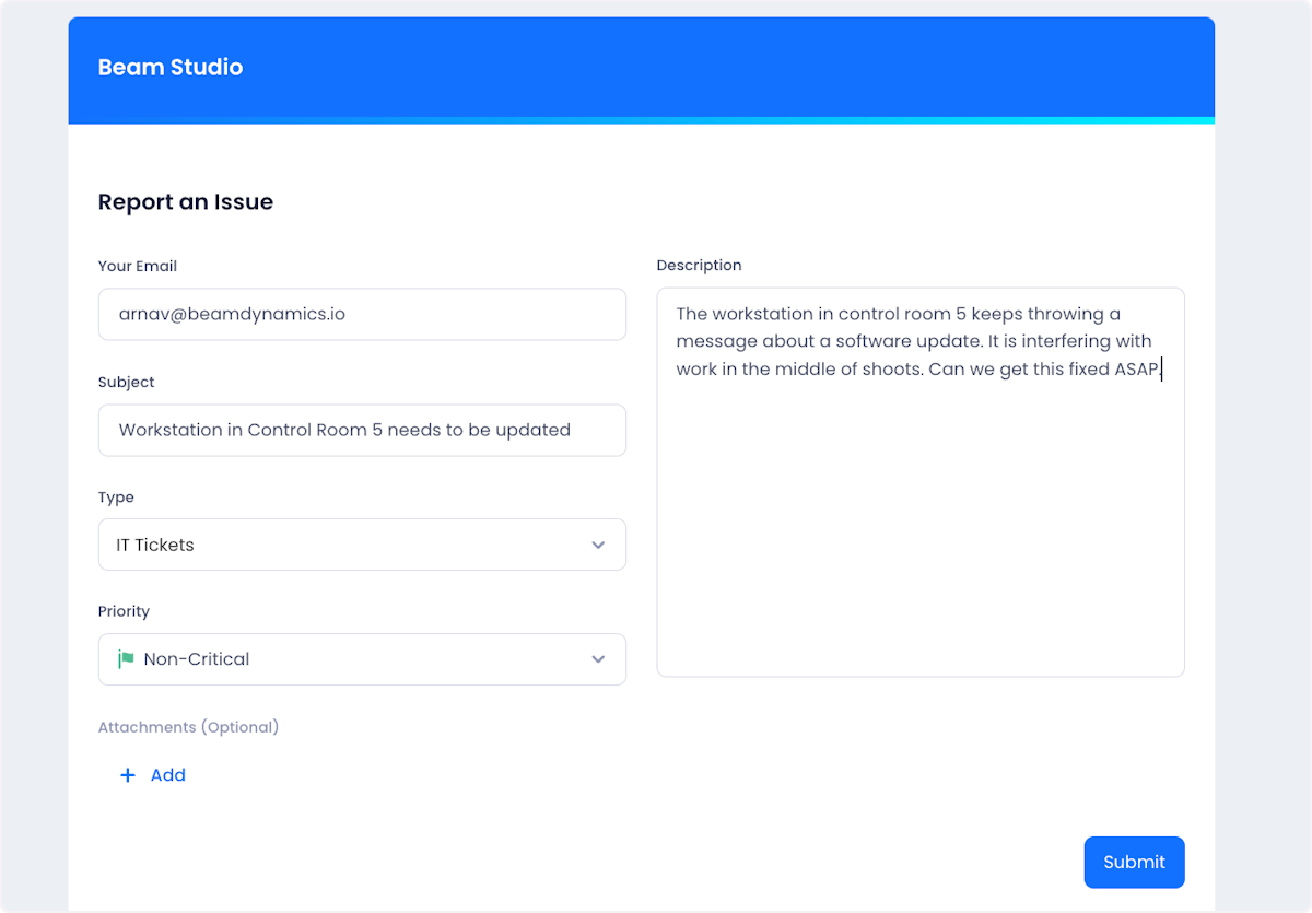 Doing so will open the ticket submission form in a new tab. The url of this form can be shared with external stakeholders so that they can submit tickets even if they don't have access to your Beam workspace. To submit a ticket, users can fill out the form and hit submit.