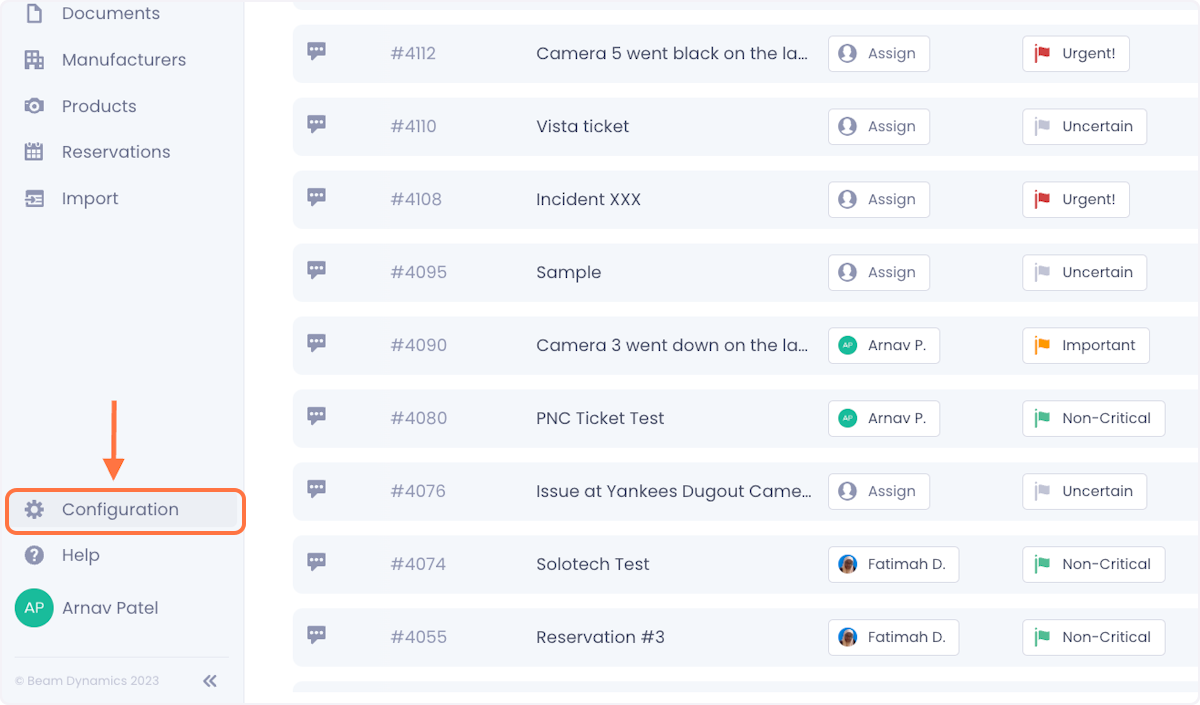 Click on Configuration in the side panel of your Beam workspace.