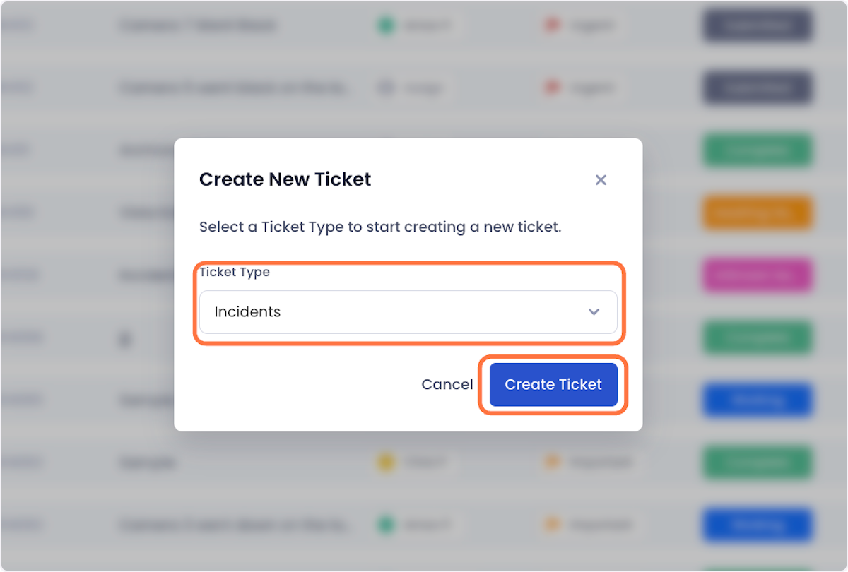 In the popup that appears, select what ticket type you want the ticket to belong to and click on Create Ticket.