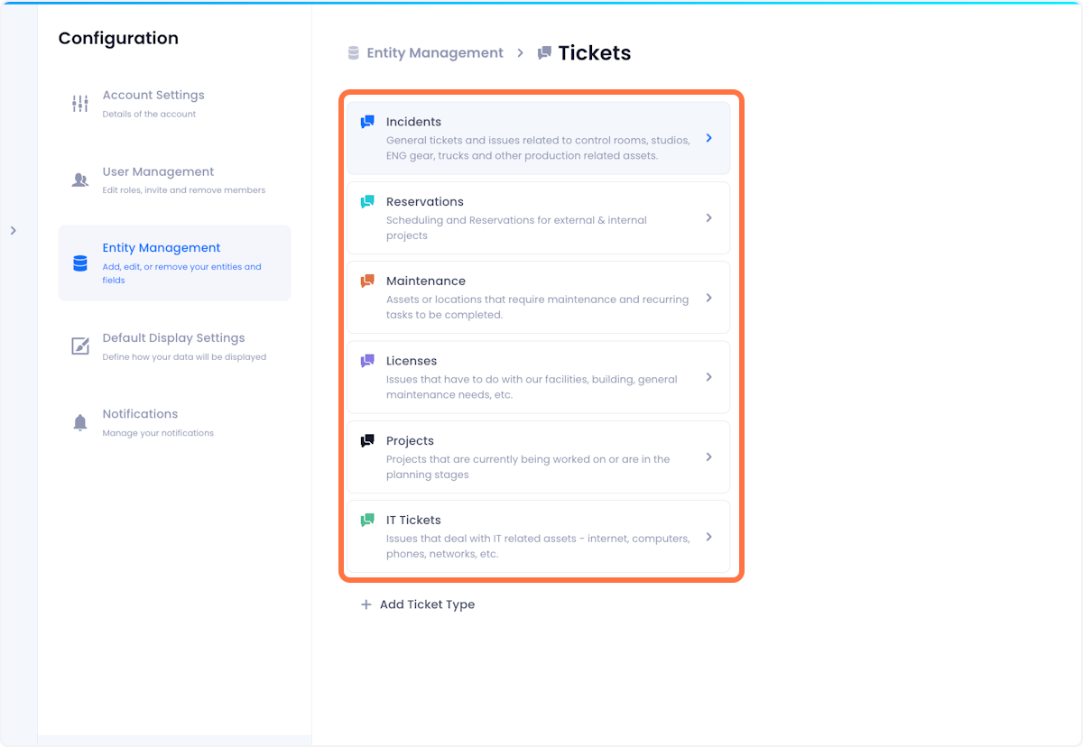 Each ticket type is managed separately and can have its own set of statuses. Click on the ticket type whose statuses you want to edit.