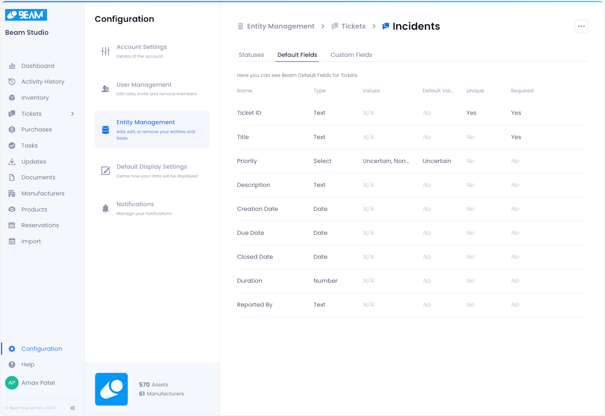 You will be dropped onto a page where you can view all the default fields associated with the selected ticket type.