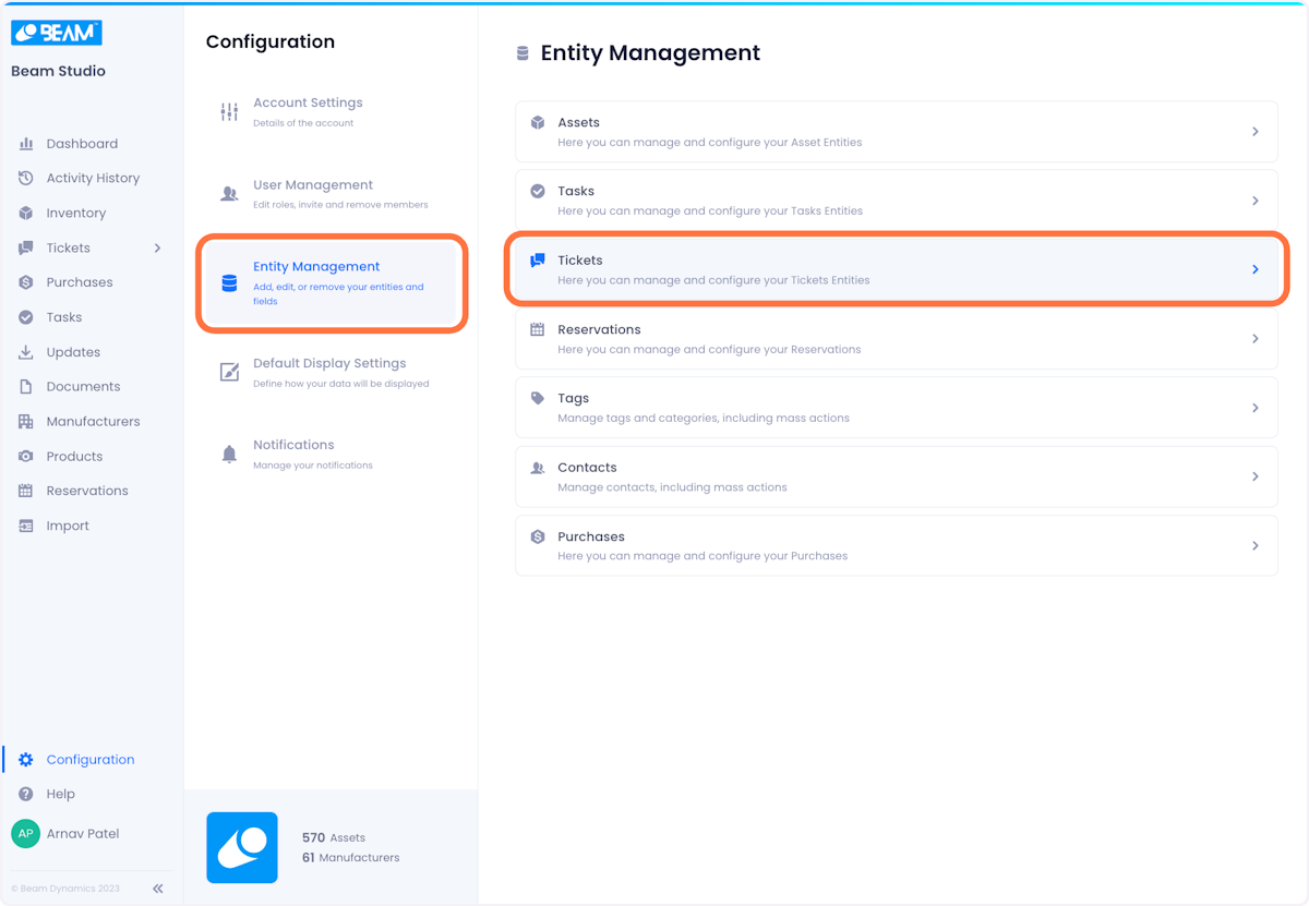 On the configuration page, click on Entity Management and then select Tickets from the list of entities.