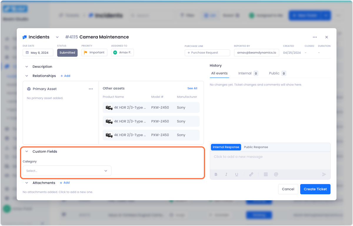 Below the asset relationships section, you can set values for any custom ticket fields that exist for the given ticket type in your workspace.