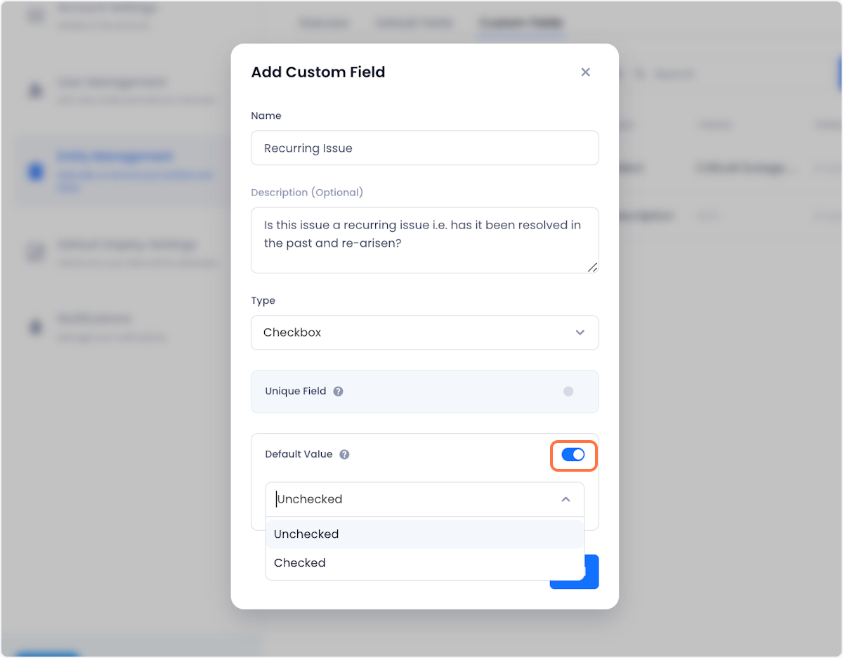 If you want your field to have a default value, toggle the Default Value option on and set the default value.